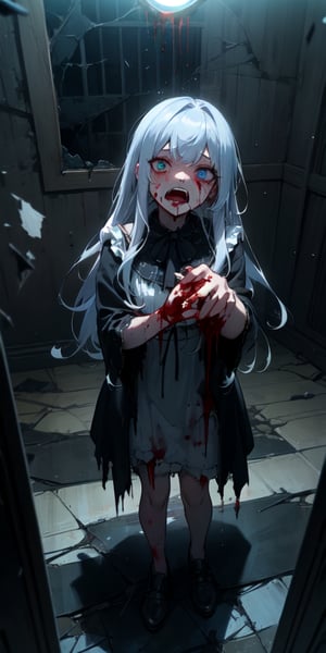 ((masterpiece)), best quality, 8k, high quality, high resolution, super detailed, ultra detailed, photorealistic, beautiful and finely detailed face and eyes, ultra detailed and detailed skin texture, expressive eyes, 1 girl, long tangled hair, (blood-soaked hair), hollow eyes, torn and mutilated dress, clawed hands, (bloodied floor), broken mirror, standing amid gore and shattered glass, shattered expression, ((desperate scream)), midnight, abandoned mansion, shattered windows, rotting furniture, (eerie silence), (moonlit), since nightfall, Olivia, tormented eyes, nightmarish horror background.