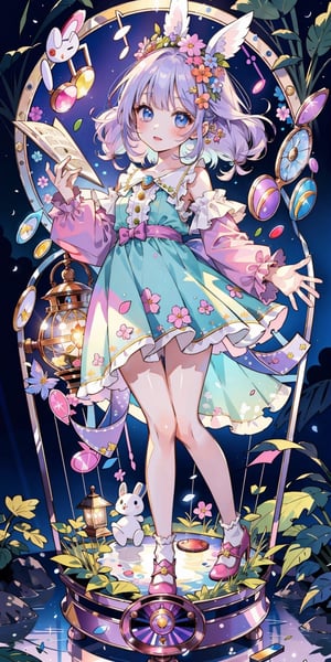 (masterpiece, best quality, highres:1.3), ultra resolution image, (1girl), (solo), kawaii, lavender hair, rainbow sky, sweet, plush bunny, secret glade, lantern softly glowing, fantasy, dreamy, joyful energy, gentle, dreamy, cozy, charm of childhood, (nature music box:1.5), tiny flower crown, delight, innocent, liveliness, nature accessories, waterfall, gentle breeze