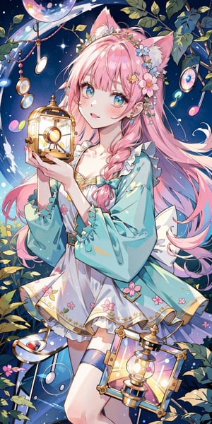 (masterpiece, best quality, highres:1.3), ultra resolution image, (1girl), (solo), kawaii, pearl hair, aurora borealis, sweet, cuddly kitten, hidden sanctuary, lantern softly glowing, fantasy, dreamy, joyful energy, gentle, dreamy, cozy, charm of childhood, (nature music box:1.5), tiny flower crown, delight, innocent, liveliness, nature accessories, riverbank, gentle breeze