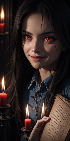 ((masterpiece)), best quality, 8k, high quality, high resolution, super detailed, ultra detailed, photorealistic, unsettling and finely detailed face and eyes, ultra detailed and detailed skin texture, malevolent eyes, perfect face, 1 girl, tangled black hair, (torn clothing), blood-red eyes, (demonic symbol), (ominous aura), clutching a weathered book, surrounded by flickering candles, menacing expression, ((sinister smile)), night, ancient ritual chamber, arcane symbols, otherworldly presence, (whispering chants), (flickering shadows), since time immemorial, Lilith, malevolent eyes, "The Exorcist" inspired background.