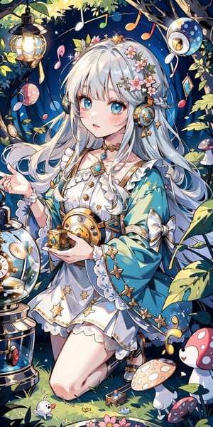 (masterpiece, best quality, highres:1.3), ultra resolution image, (1girl), (solo), kawaii, silver hair, starry night, sweet, plush toy, mushroom cottage, lantern softly glowing, fantasy, dreamy, joyful energy, gentle, dreamy, cozy, charm of childhood, (nature music box:1.5), tiny flower crown, delight, innocent, liveliness, nature accessories, forest, gentle breeze