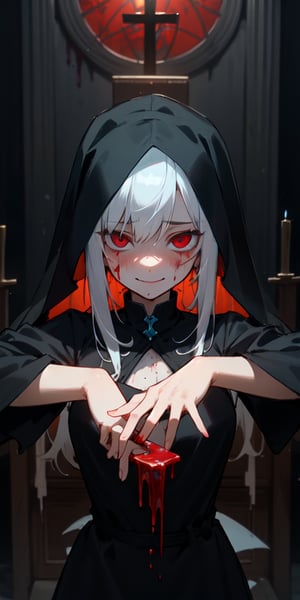 ((masterpiece)), best quality, 8k, high quality, high resolution, super detailed, ultra detailed, photorealistic, beautiful and finely detailed face and eyes, ultra detailed and detailed skin texture, expressive eyes, 1 girl, deranged expression, (bloody veil), sinister red eyes, tattered wedding dress, blood-drenched hands, (bloody altar), sacrificial knife, unholy stance, unhinged gaze, ((twisted smile)), midnight, forgotten chapel, broken pews, shattered stained glass, (dark ritual), (cursed night), since the pact was sealed, Lilith, unholy eyes, occult horror background.