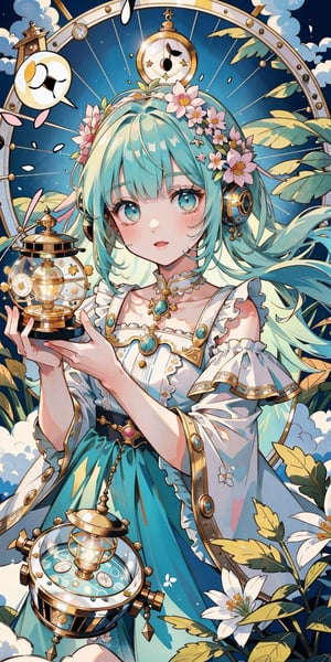 (masterpiece, best quality, highres:1.3), ultra resolution image, (1girl), (solo), kawaii, mint hair, wispy fog, sweet, fluffy lamb, celestial palace, lantern softly glowing, fantasy, dreamy, joyful energy, gentle, dreamy, cozy, charm of childhood, (nature music box:1.5), tiny flower crown, delight, innocent, liveliness, nature accessories, mountaintop, gentle breeze