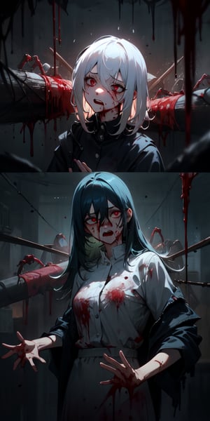 ((masterpiece)), best quality, 8k, high quality, high resolution, super detailed, ultra detailed, photorealistic, beautiful and finely detailed face and eyes, ultra detailed and detailed skin texture, expressive eyes, perfect face, 1 girl, matted hair, (bloody hair), vacant eyes, torn and blood-soaked clothes, gory hands, (bloody weapons), blood spatters, standing in a gore-filled room, traumatized expression, ((shocked stare)), midnight, abandoned slaughterhouse, hanging carcasses, flickering lightbulbs, (dripping blood), (thunderstorm), since nightfall, Cassandra, horrified eyes, gruesome horror background.