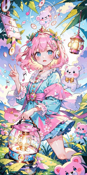 (masterpiece, best quality, highres:1.3), ultra resolution image, (1girl), (solo), kawaii, pastel hair, cotton candy clouds, sweet, teddy bear, floating island, lantern softly glowing, fantasy, dreamy, joyful energy, gentle, dreamy, cozy, charm of childhood, (nature music box:1.5), tiny flower crown, delight, innocent, liveliness, nature accessories, meadow, gentle breeze