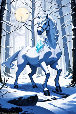 A majestic eight-legged silver horse stands powerfully amid a magical setting. His fur glows in the silver moonlight, and his eyes reflect determination and nobility. With each leg firmly planted in the freshly fallen snow, the horse seems to fuse elegance with strength. Beside him, a snowy forest stretches silently, its trees covered in a white blanket and its branches adorned with ice crystals. It's a scene of beauty and mystery, where the supernatural meets winter nature