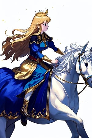 front view of a beautiful princess riding a white horse with long golden hair and blue dress wearing a golden crown on her head on a white background with trees