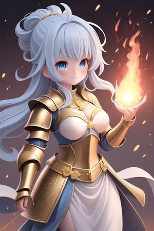 beautiful goddess of fire with blue eyes golden hair wearing medieval armor and a fireball in her right hand