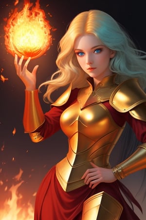 beautiful goddess of fire with blue eyes golden hair wearing medieval armor and a fireball in her right hand