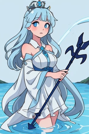 beautiful water goddess with light blue eyes light blue hair wearing a dress and a silver crown with a trident in her hand