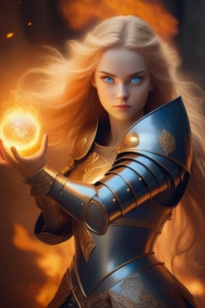 beautiful goddess of fire with blue eyes golden hair wearing medieval armor and a fireball in her right hand