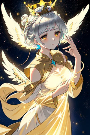 angel with four wings and tunic that seems to be made of light itself in golden and silver tones that sparkle like stars in the firmament and a crown of stars adorns her head, illuminating her serene and compassionate face