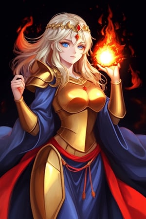 beautiful goddess of fire with blue eyes golden hair wearing medieval armor and a fireball in her right hand