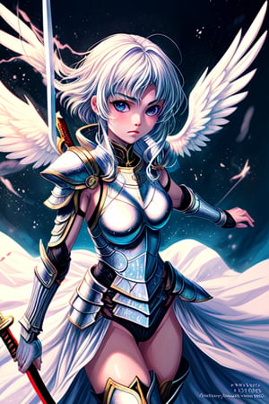 Warrior angel girl in white divine armor using two swords