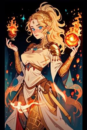 beautiful goddess of fire with blue eyes golden hair wearing medieval armor and a fireball in her right hand