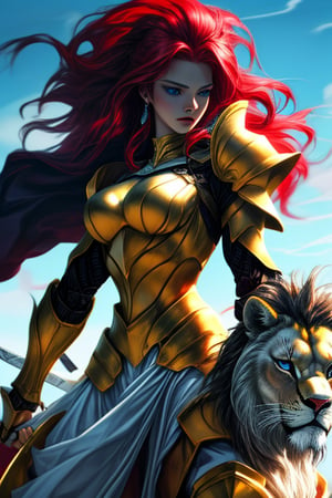 A beautiful maiden with blue eyes and her red hair flowing in the wind, wearing her golden armor and wielding a gleaming diamond sword, rides a mighty lion with a red mane and golden armor.