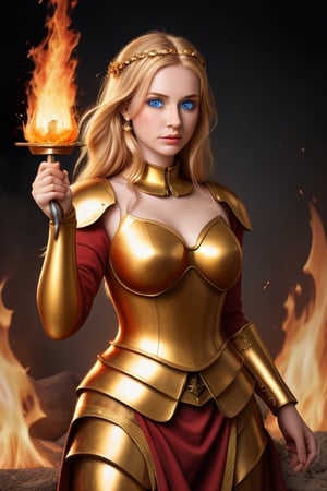 beautiful goddess of fire with blue eyes golden hair wearing medieval armor and a fireball in her right hand