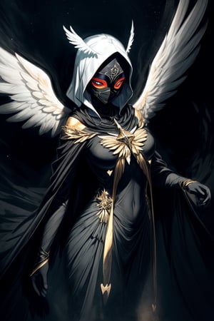 An angel with six wings, adorned with feathers that shimmer like the dawn's light in tones of silver and gold, stands in all its splendor. Its wings unfold with an impressive span, emitting an aura of power and authority that radiates into the surrounding air.

Its figure is cloaked in a black mantle, as dark as the starlit night, flowing with grace and mystery around its ethereal form. The mantle extends from its shoulders to the ground, gently rippling like a living shadow as it moves.

However, what captures the most attention is the mask on its angelic visage. Carved from skillfully polished obsidian, the mask stretches from its forehead to its chin, veiling its divine features in an enigmatic shroud. Its eyes, concealed behind the mask, glimmer with a supernatural luminance, like brilliant stars that shine in the darkness. Despite the concealment, the intensity of its gaze is palpable, as if it could penetrate the hearts and souls of those who encounter it.

This enigmatic and majestic angel, with its wings of light, dark mantle, and enigmatic mask, represents a unique balance between divine radiance and the hidden mystery within the shadows.

I hope this translation captures the essence of the description you provided. If you have any further specifics in mind or any other requests, feel free to let me know.
