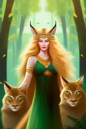 goddess Freya with golden hair and green eyes standing in front of a forest with two large lynxes at her feet