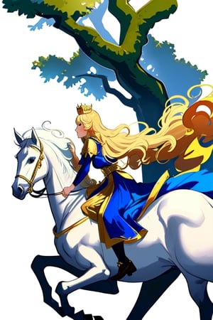 side view of a beautiful princess riding a white horse with long golden hair and blue dress wearing a golden crown on her head on a white background with trees