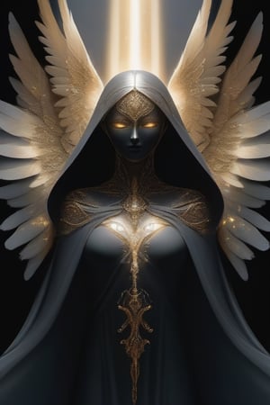 An angel with six wings, adorned with feathers that shimmer like the dawn's light in tones of silver and gold, stands in all its splendor. Its wings unfold with an impressive span, emitting an aura of power and authority that radiates into the surrounding air.

Its figure is cloaked in a black mantle, as dark as the starlit night, flowing with grace and mystery around its ethereal form. The mantle extends from its shoulders to the ground, gently rippling like a living shadow as it moves.

However, what captures the most attention is the mask on its angelic visage. Carved from skillfully polished obsidian, the mask stretches from its forehead to its chin, veiling its divine features in an enigmatic shroud. Its eyes, concealed behind the mask, glimmer with a supernatural luminance, like brilliant stars that shine in the darkness. Despite the concealment, the intensity of its gaze is palpable, as if it could penetrate the hearts and souls of those who encounter it.

This enigmatic and majestic angel, with its wings of light, dark mantle, and enigmatic mask, represents a unique balance between divine radiance and the hidden mystery within the shadows.

I hope this translation captures the essence of the description you provided. If you have any further specifics in mind or any other requests, feel free to let me know.