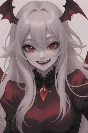 beautiful red-eyed vampire smiling and showing her fangs