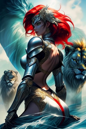 
At the top of the majestic creature, the maiden with red hair rode with grace and determination on her unusual companion: a colossal lion adorned with elaborate medieval armor. Her red mane, like dancing flames in the sun, cascaded in waves over her shoulders and the back of her armor, vividly contrasting with the polished metal and sturdy fabrics.

Her armor reflected her skill in battle. The metal gleamed under the rays of the sun, and intricate lace details decorated the plates, adding a feminine elegance to her warrior attire. The ensemble was designed functionally, allowing her the necessary freedom of movement for combat without sacrificing protection.

The maiden skillfully wielded a custom-forged sword, its blade sparkled with silver highlights and seemed a natural extension of her arm. Her face reflected fierce determination and unyielding courage as she directed her lion firmly.

The lion, dressed in its own ornamented armor, was adorned with intricate details that reflected its nobility and strength. Its golden eyes shone with loyalty and confidence towards the maiden as it moved with surprising agility despite its imposing size.

Together, the red-haired maiden and her fierce lion companion embodied bravery and the union between humanity and nature, an impressive vision in the midst of the medieval era, where skill and courage transcended gender roles and social conventions.
