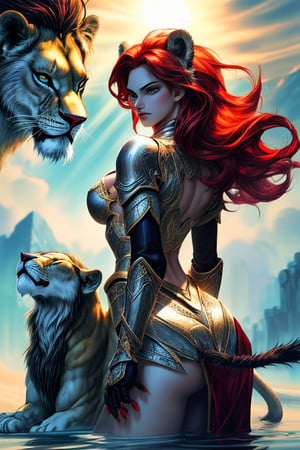 
At the top of the majestic creature, the maiden with red hair rode with grace and determination on her unusual companion: a colossal lion adorned with elaborate medieval armor. Her red mane, like dancing flames in the sun, cascaded in waves over her shoulders and the back of her armor, vividly contrasting with the polished metal and sturdy fabrics.

Her armor reflected her skill in battle. The metal gleamed under the rays of the sun, and intricate lace details decorated the plates, adding a feminine elegance to her warrior attire. The ensemble was designed functionally, allowing her the necessary freedom of movement for combat without sacrificing protection.

The maiden skillfully wielded a custom-forged sword, its blade sparkled with silver highlights and seemed a natural extension of her arm. Her face reflected fierce determination and unyielding courage as she directed her lion firmly.

The lion, dressed in its own ornamented armor, was adorned with intricate details that reflected its nobility and strength. Its golden eyes shone with loyalty and confidence towards the maiden as it moved with surprising agility despite its imposing size.

Together, the red-haired maiden and her fierce lion companion embodied bravery and the union between humanity and nature, an impressive vision in the midst of the medieval era, where skill and courage transcended gender roles and social conventions.