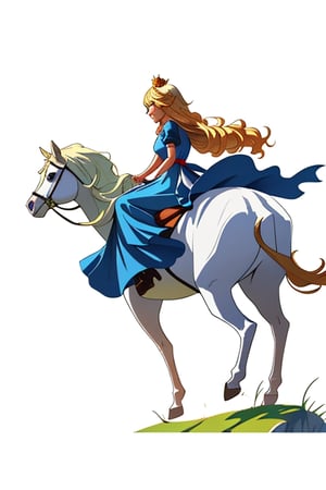 side view of a beautiful princess riding a white horse with long golden hair and blue dress wearing a golden crown on her head on a white background with trees