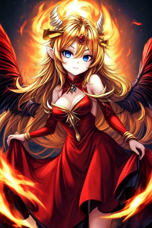 Fire goddess with golden hair a red dress blue eyes and a pair of wings