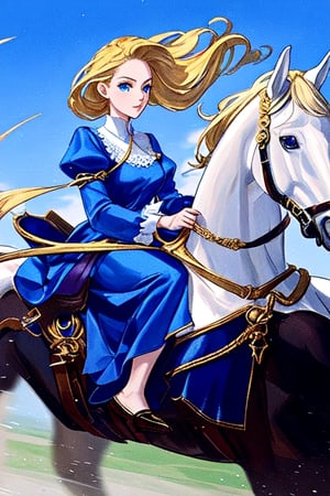 queen with golden hair and blue eyes in a blue dress riding a white horse