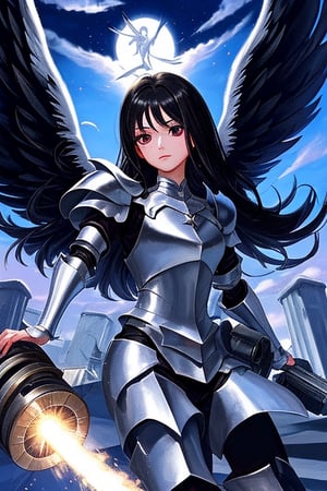 black haired angel with metallic wings wearing silver armor and a cannon in one arm