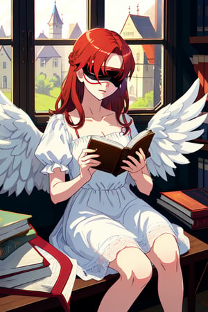 red-haired angel blindfolded and in a white dress four wings with a book in her hands sitting in the window of a castle
