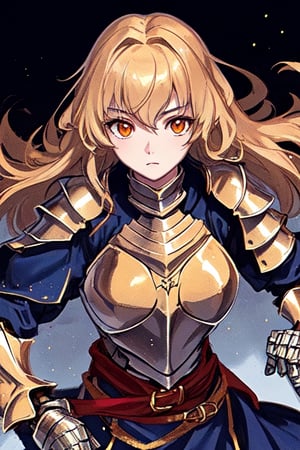 
beautiful princess with orange eyes and golden hair wearing silver colored knight armor