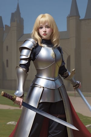 blonde princess in medieval armor and a sword in her hand