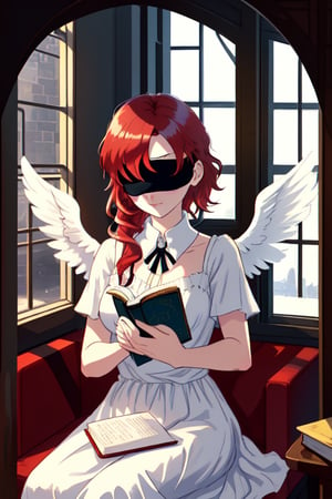red-haired angel blindfolded and in a white dress four wings with a book in her hands sitting in the window of a castle