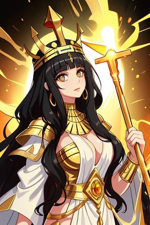 black haired queen cleopatra of egypt with honey colored eyes wearing a white tunic and a large golden egyptian crown