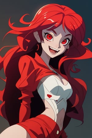 beautiful red-eyed vampire smiling and showing her fangs