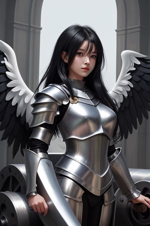 black haired angel with metallic wings wearing silver armor and a cannon in one arm