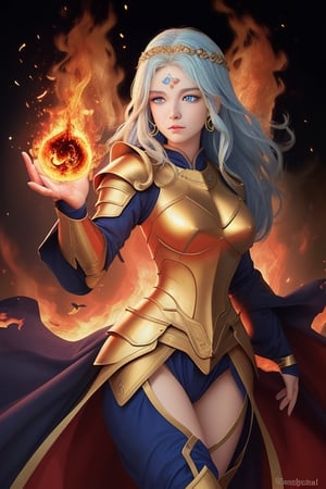 beautiful goddess of fire with blue eyes golden hair wearing medieval armor and a fireball in her right hand