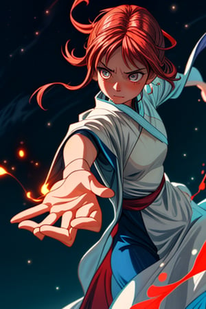 A red-haired mage like fire, her tresses framing a serene and determined face. Her eyes sparkle with flashes of ancient knowledge as she attentively watches the flow of flames in her hands.

Adorned in a celestial-hued robe, evoking the tranquility of the starry night sky, it contrasts with her hair and the power she channels. The robe flows around her like calm waves, every fold and movement seemingly controlled by her will.

At the focal point of her concentration, her hands rise in an elegant, fluid dance. With a defined motion, a sphere of fire materializes in her palm, crackling and dancing in harmony with her magic. Shades of red and orange blend in a captivating ballet, emitting warmth and light throughout the space.