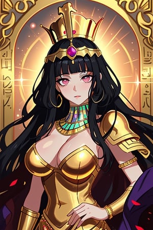 Queen Cleopatra of Egypt, with black hair and honey eyes, dressed in golden armor with red and violet gems wearing a large golden Egyptian crown.