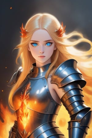 beautiful goddess of fire with blue eyes golden hair wearing medieval armor and a fireball in her right hand