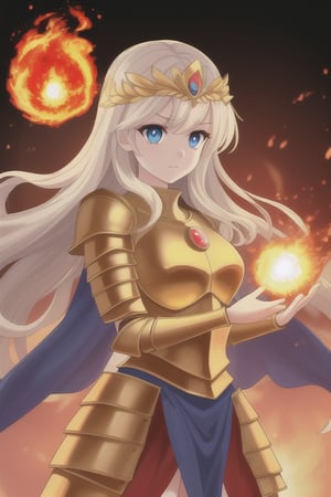 beautiful goddess of fire with blue eyes golden hair wearing medieval armor and a fireball in her right hand