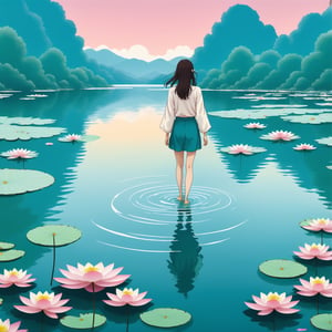 woman walking on pantone water, lake with tranquil lotus flowers, studio ghibli style 
