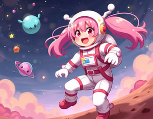 In the style of ohwx, Cute astronaut with twintails, wearing a white and pink spacesuit, bouncing with stars in her eyes exploring alien planets.