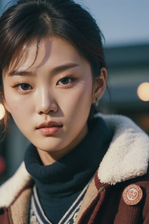 IMGFIX, detailmaster2, photograph, extreme close-up shot of a athletic korean k-pop model, Collecting antiques, wearing warm clothes, Sacred Patches, Beautifully Lit, Kodak portra 400, 80mm, Cinestill 