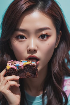 IMGFIX, detailmaster2, [ (art by Mike Mayhew:1.3) :art by Brandon Woelfel:6], photograph, majestic, korean k-pop model of Waste eating brownie, FOV 90 degrees, Graphic novel, Manic, Atomicpunk, spotlight, film grain, Fujifilm XT3, 35mm