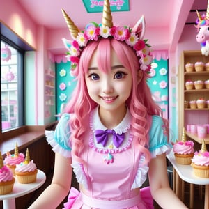 At the magical pet cafe, the waitress serves adorable creature companions specialty treats. Flower crowns complement her pink frilly uniform. (Kawaii aesthetic, unicorncore), gravure bright, kawaii aesthetic