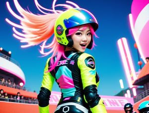 In the motorcycle arena, the stunt rider pops wheelies for the cheering crowd. Hair streaming behind her helmet, she lives for the thrill. (Neon colors, adventurecore), gravure bright, kawaii aesthetic